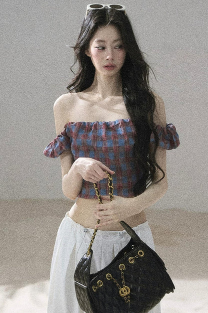 Youthful Plaid Off-Shoulder Top