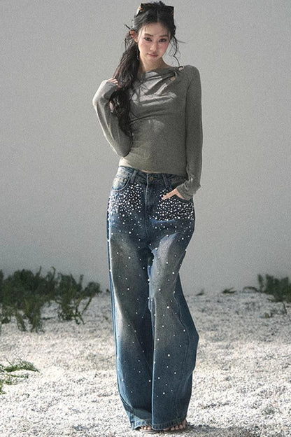 Pantalon en jean bleu clair perlé