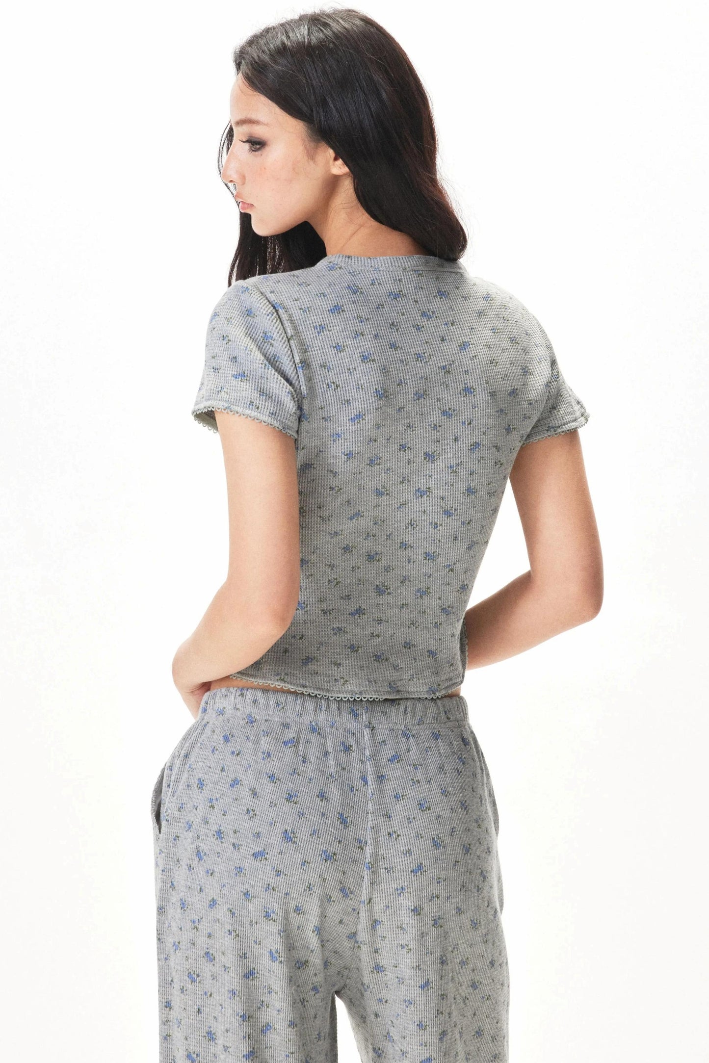 Floral Placket Blouse and Pants Set-Up