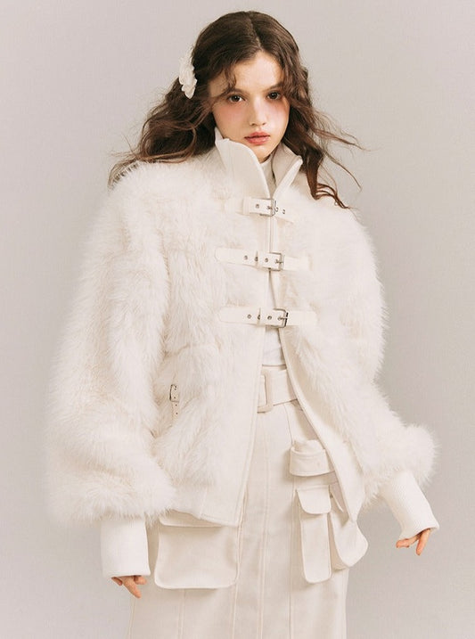 Leather Buckle Wrapping Loose Fur Jacket