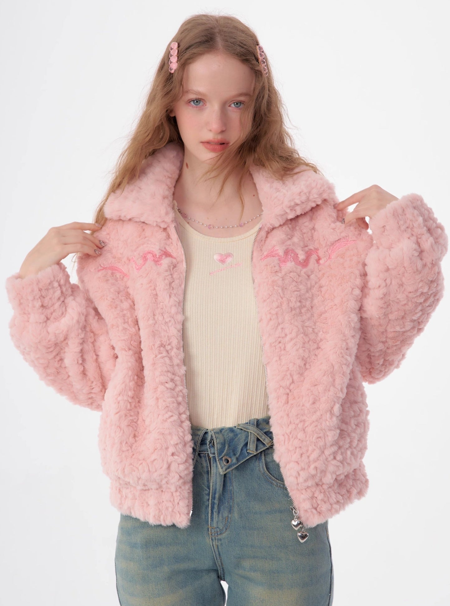 American dragon embroidery lamb wool coat