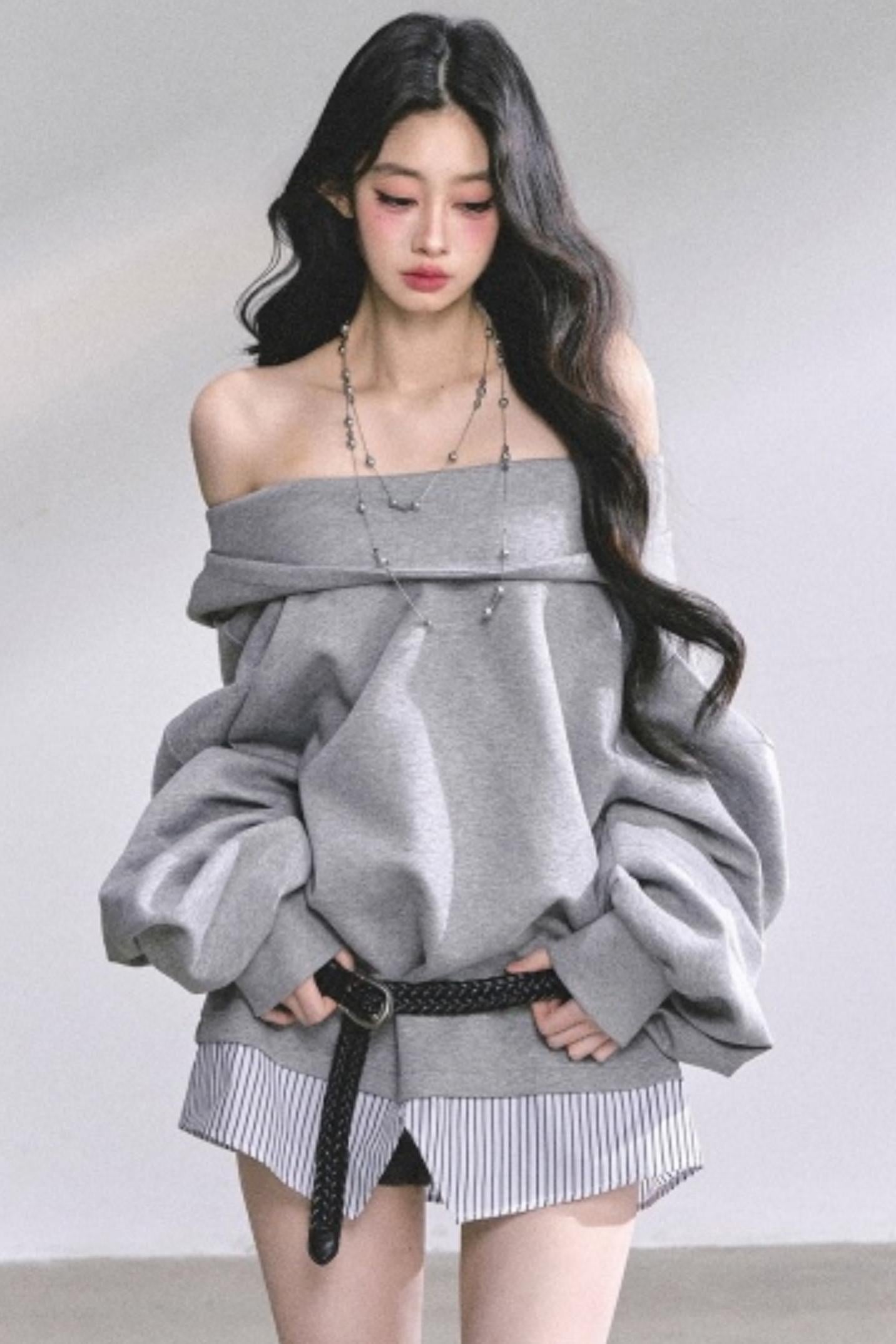 One Shoulder Grayscale Sweatshirt Dress