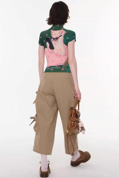 Sweet Pleated Cat Print T-Shirt