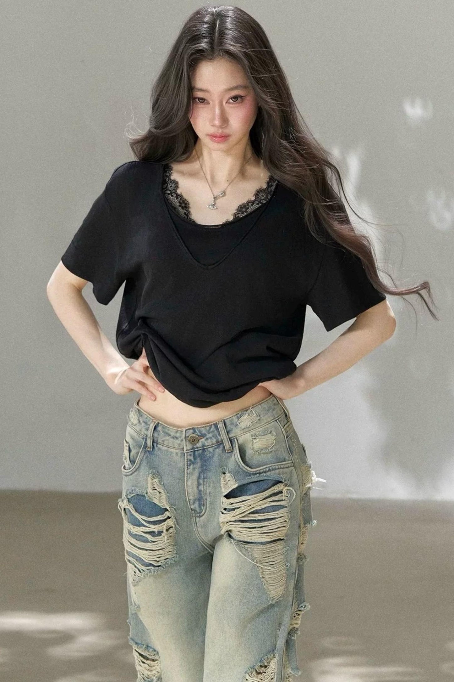 Layered-Look V-Neck Oversized Blouse