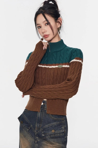 Color-Blocking Stand-Up Collar Knitted Cardigan