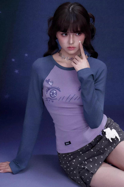 만화 눈매 래글런 티셔츠