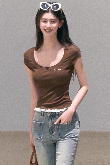 레이스 보헤미안 반팔 티셔츠