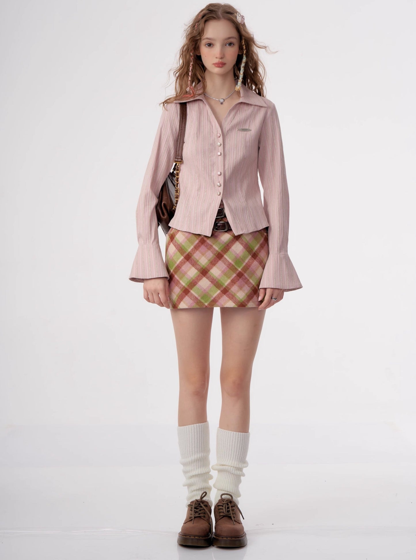 American a-line woolen tweed plaid skirt