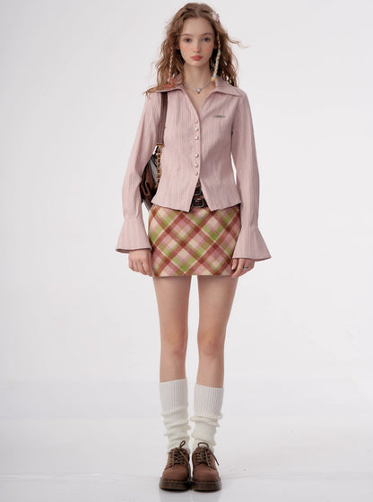 American a-line woolen tweed plaid skirt