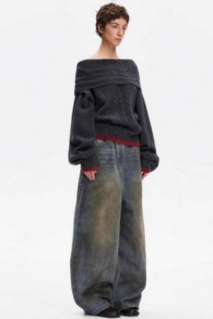 Off-Shoulder Color-Blocked Knit Sweater