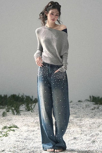 Pantalon en jean bleu clair perlé