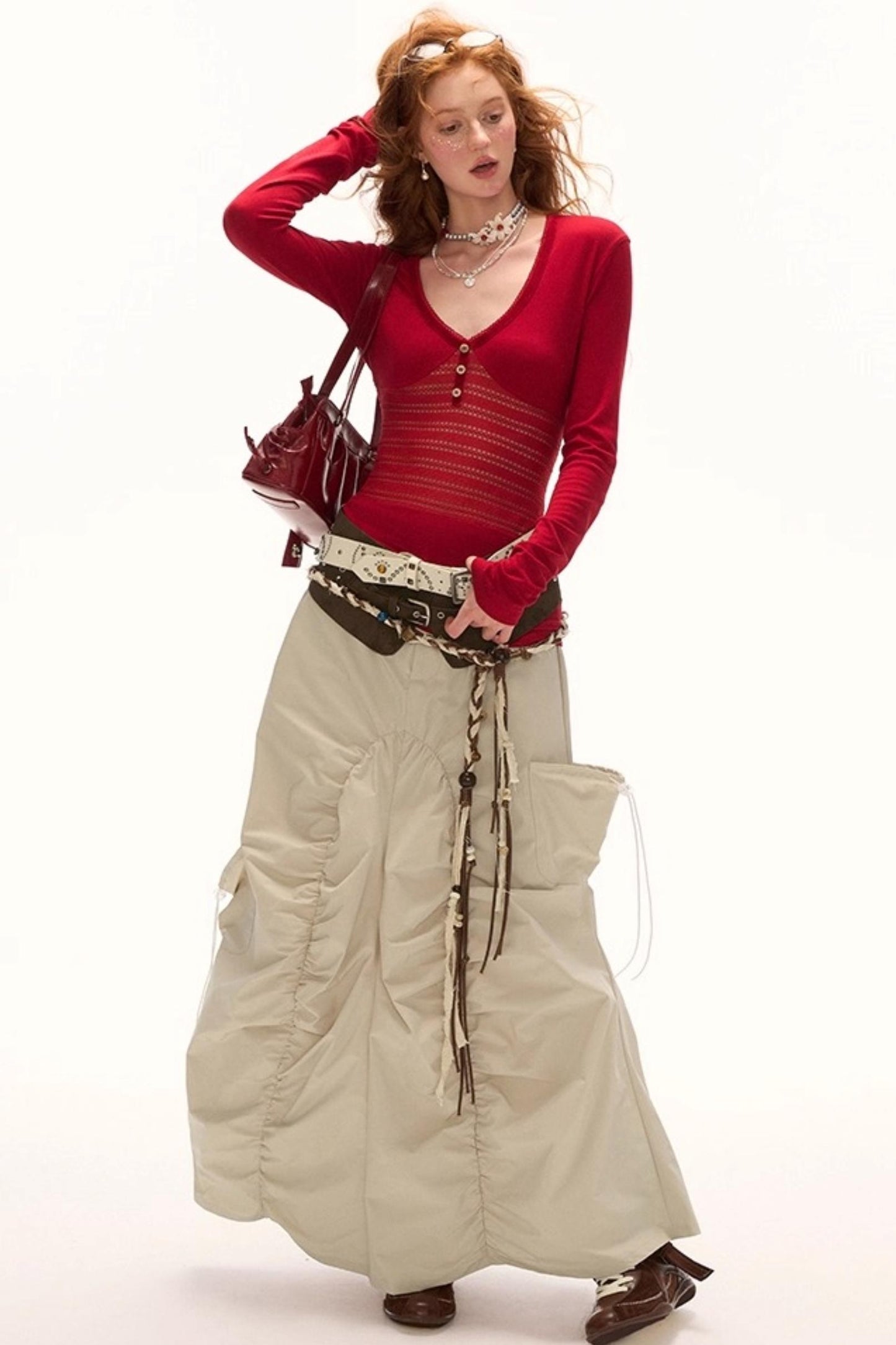 Patchwork V-Neck Long-Sleeved T-Shirt