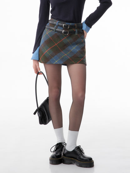 american retro high waist blue plaid skirt