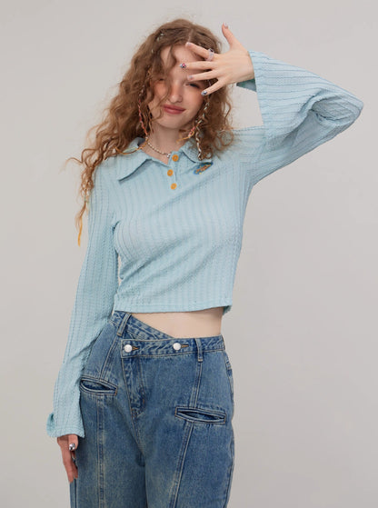 American embroidered flared sleeves knitted T-shirt