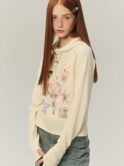 short hooded long-sleeved printed tops