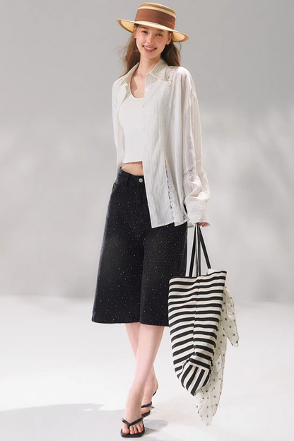 Striped Lace Embroidered Cardigan Set-Up