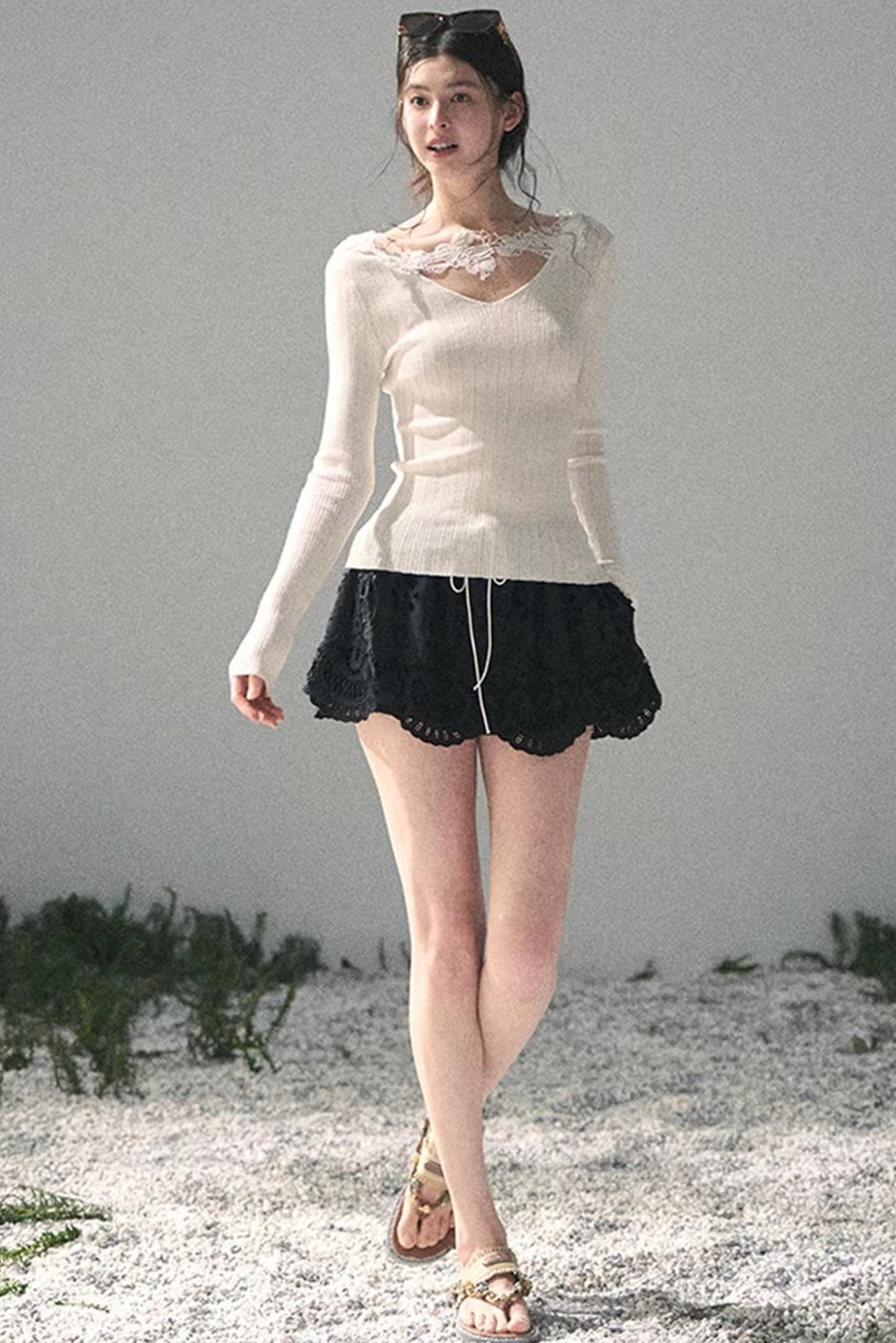 Lace-Trimmed Knitted Top