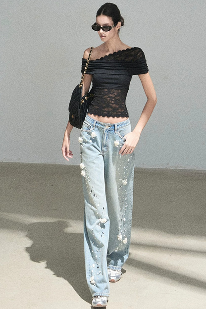 Lace Asymmetrical Shoulder Top