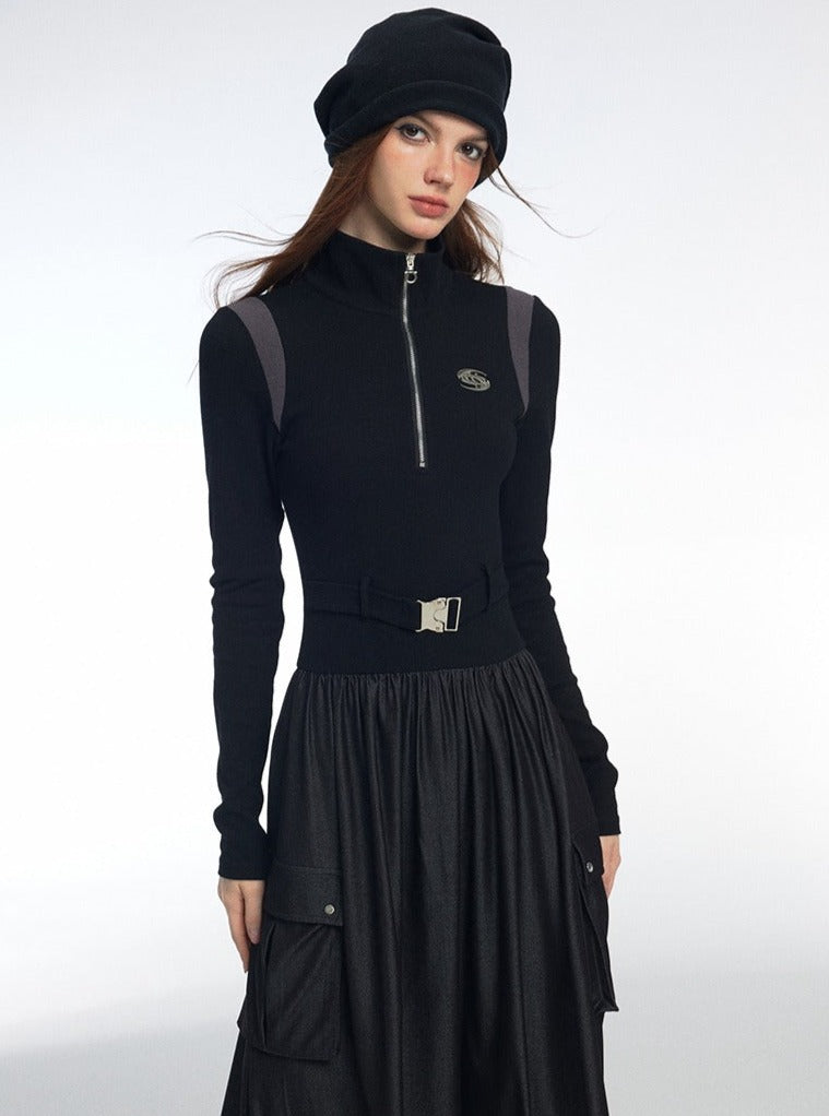 Retro Stitching Sports Black Cargo Dress