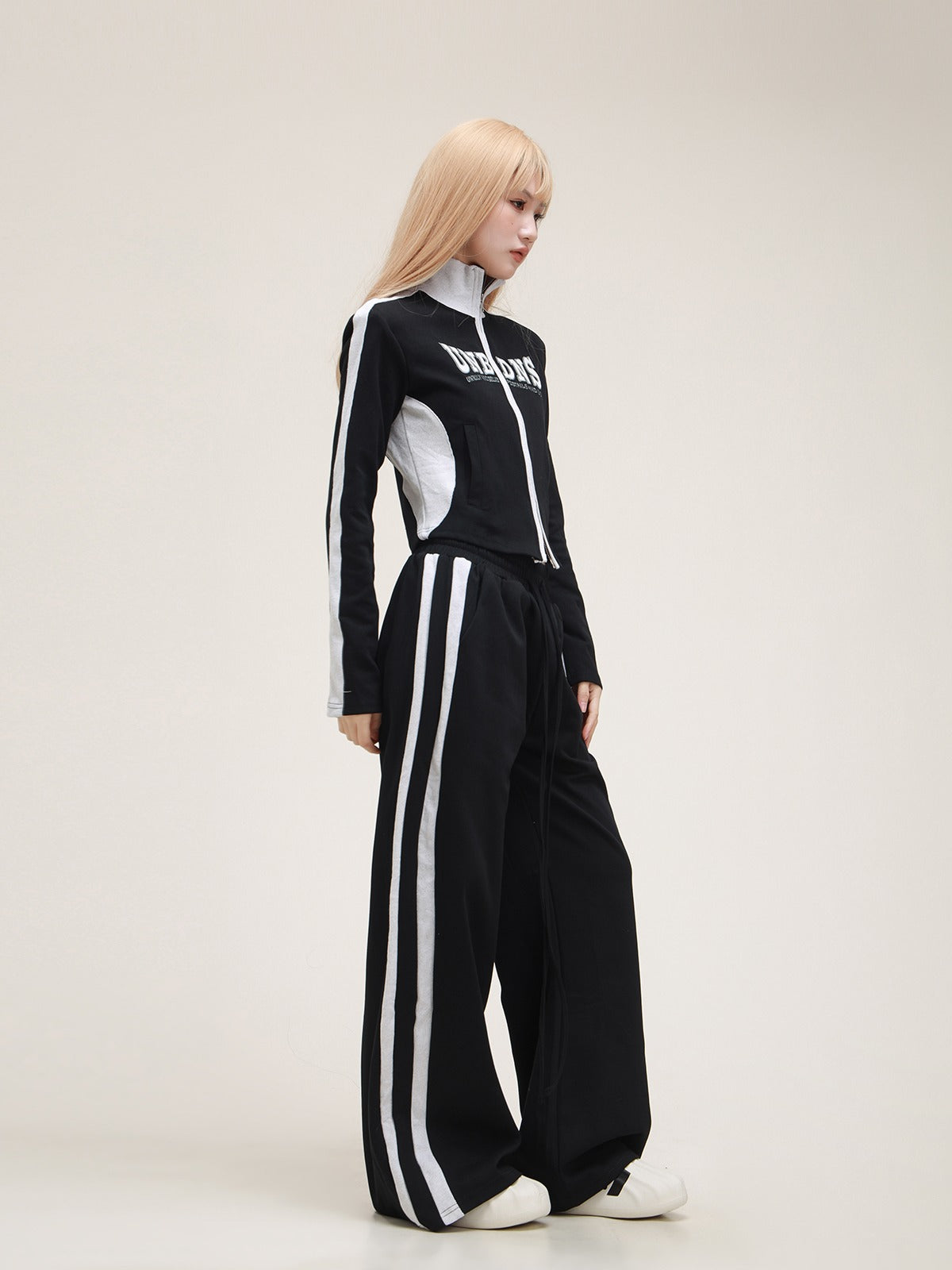 American Striped Stand Collar Jacket Pants Set-up