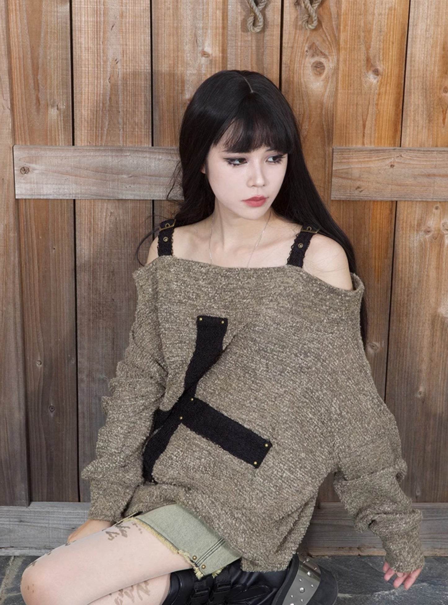 Off-the-shoulder cross patch lace loose sweater knit Top