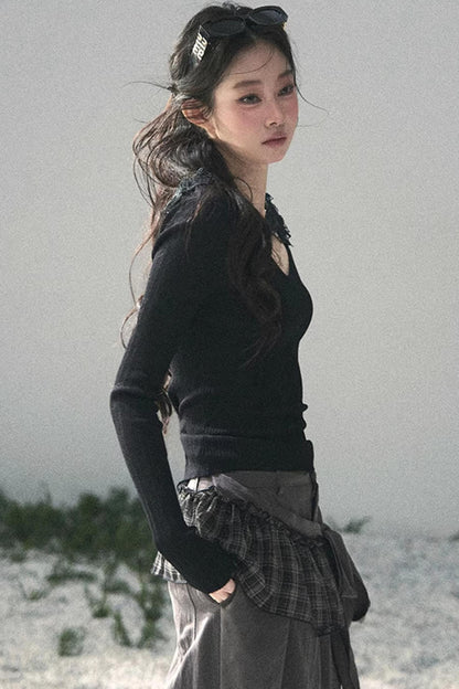 Lace-Trimmed Knitted Top