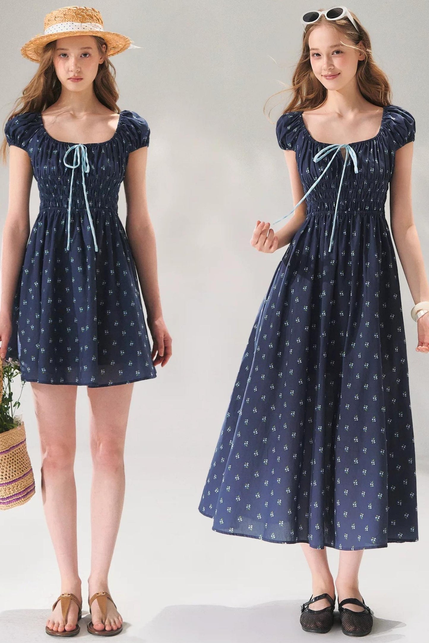 Abito floreale blu navy con lacci