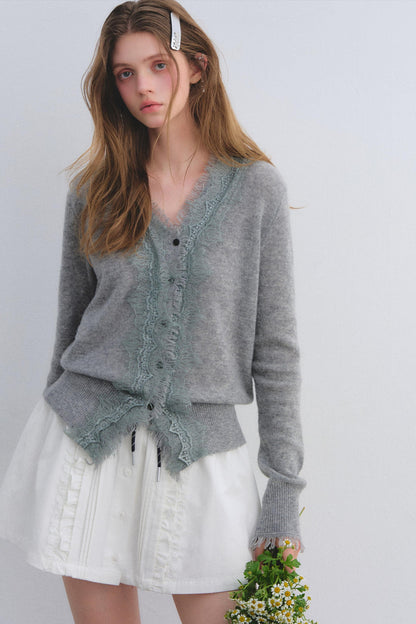 Wool Lace V-Neck Knit Top