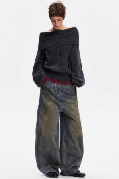 Off-Shoulder Color-Blocked Knit Sweater