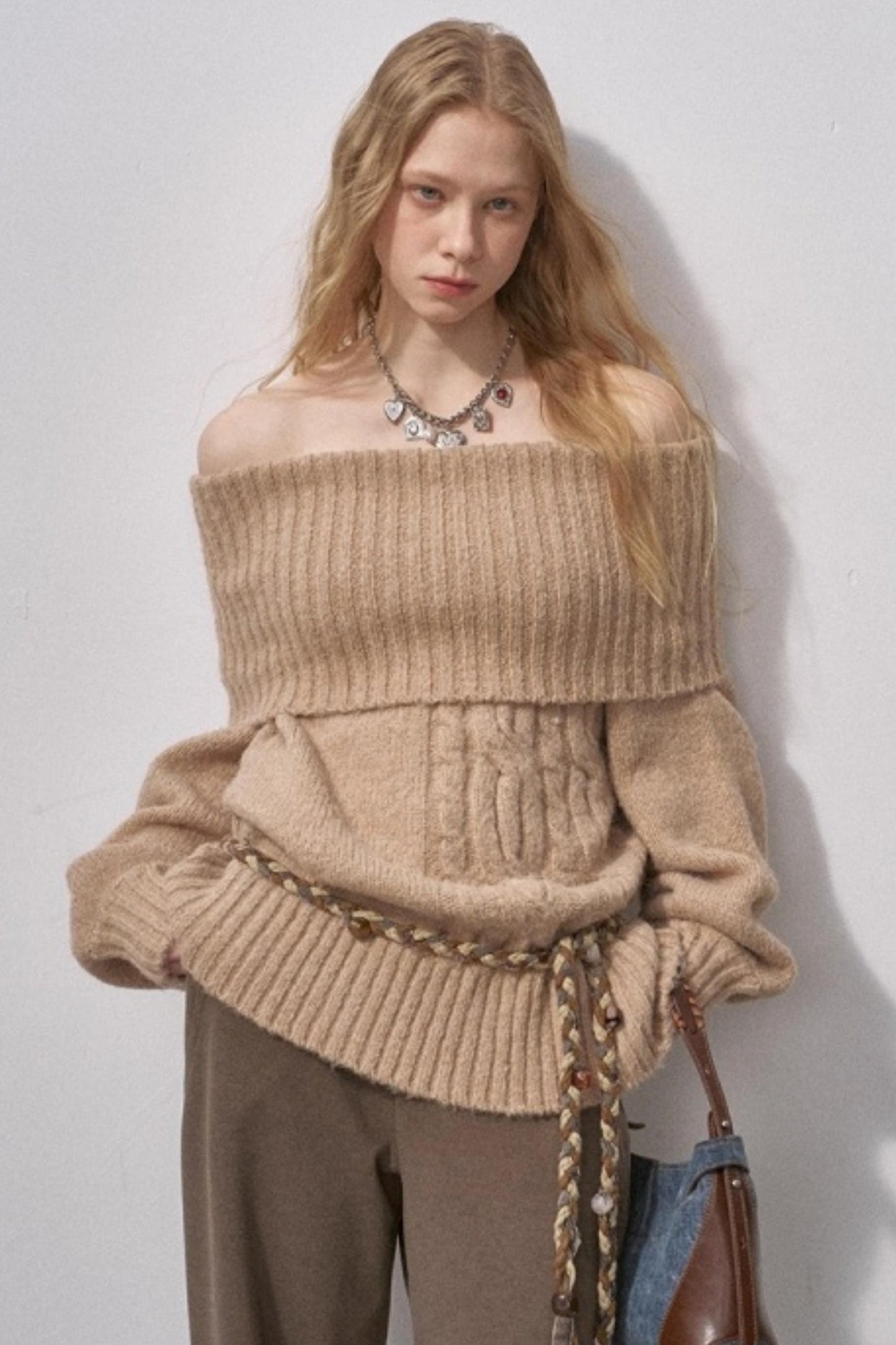 Cable-Knit Wool Off-Shoulder Sweater