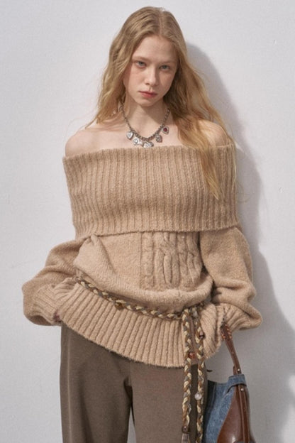 Cable-Knit Wool Off-Shoulder Sweater