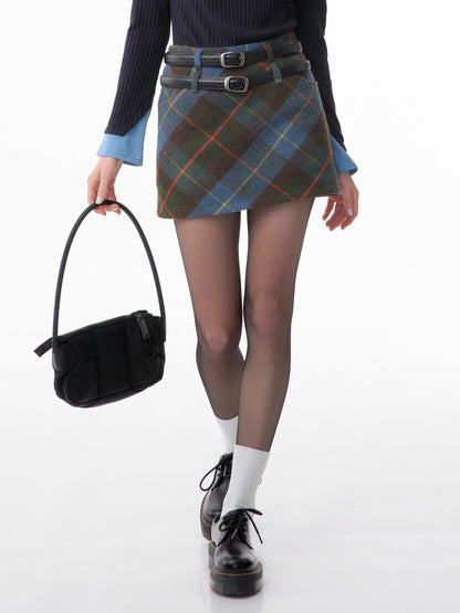 american retro high waist blue plaid skirt