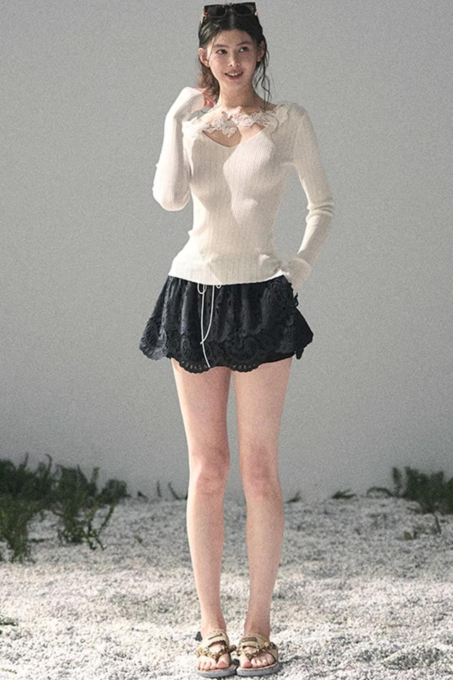 Lace-Trimmed Knitted Top