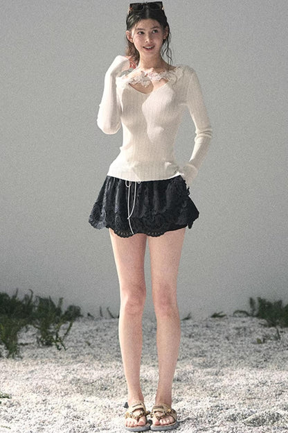 Lace-Trimmed Knitted Top