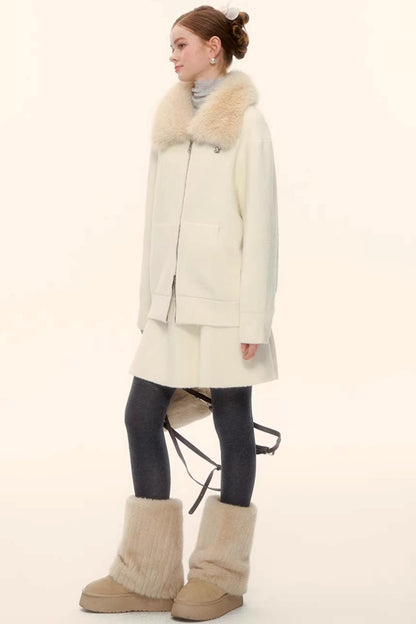 Wool Blend Lapel Fur Collar Coat Set-Up