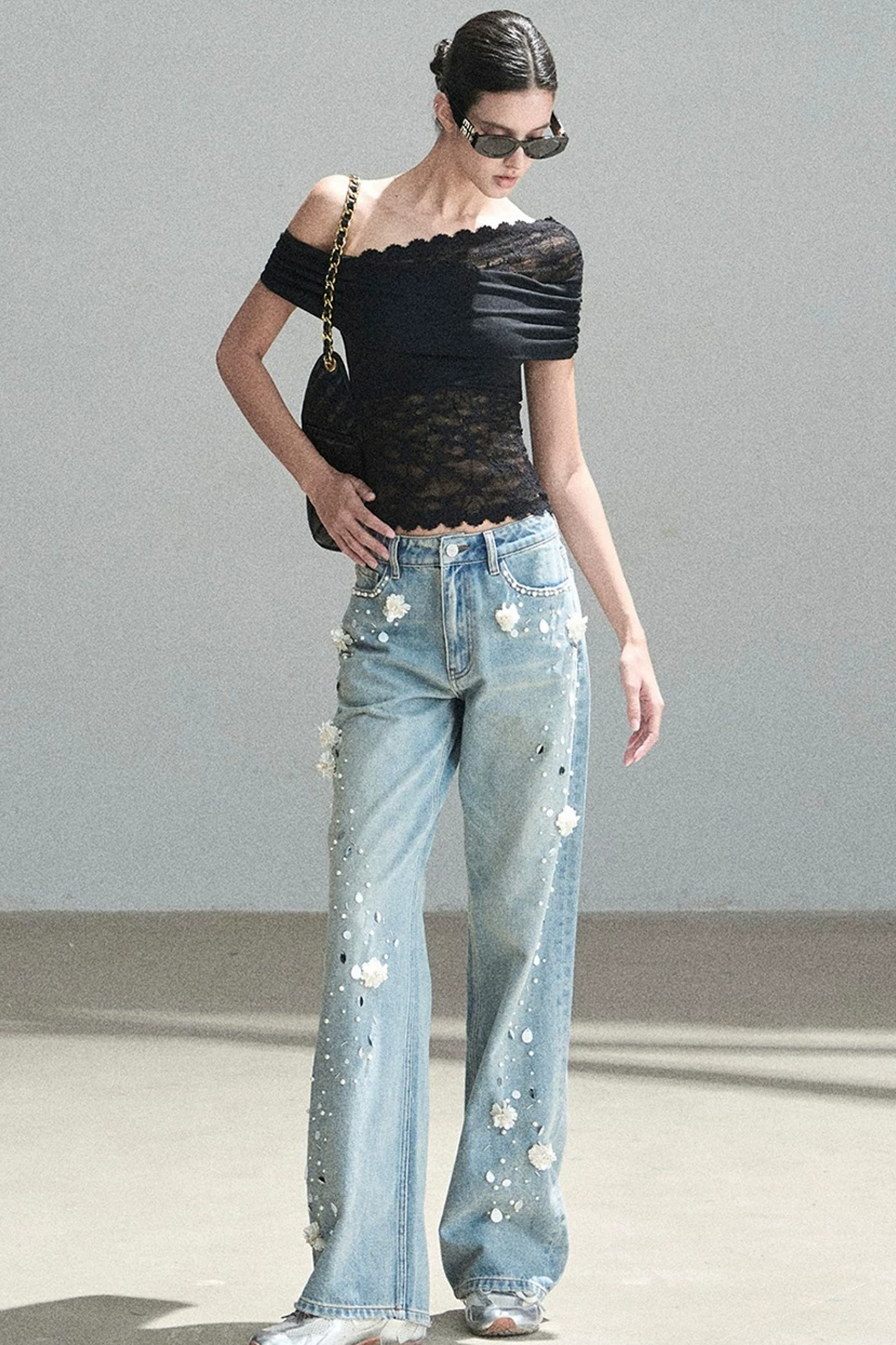 Lace Asymmetrical Shoulder Top