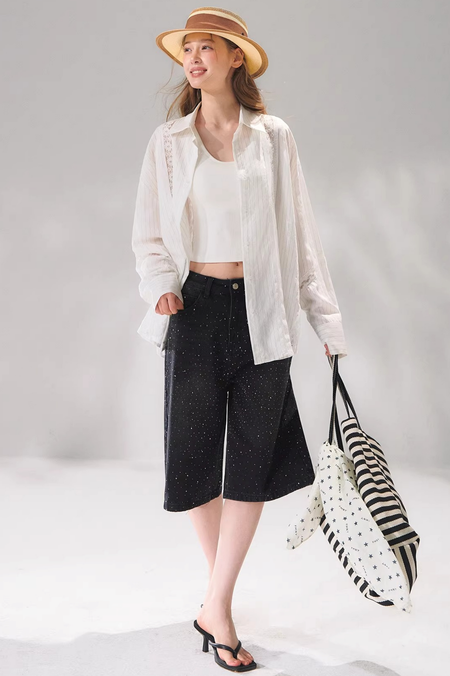 Striped Lace Embroidered Cardigan Set-Up