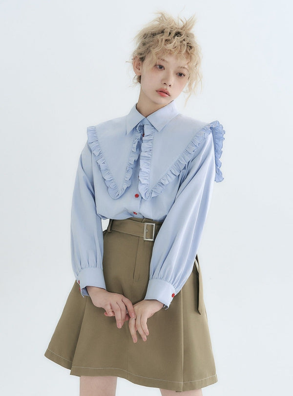 Lapel solid ong-sleeved shirt