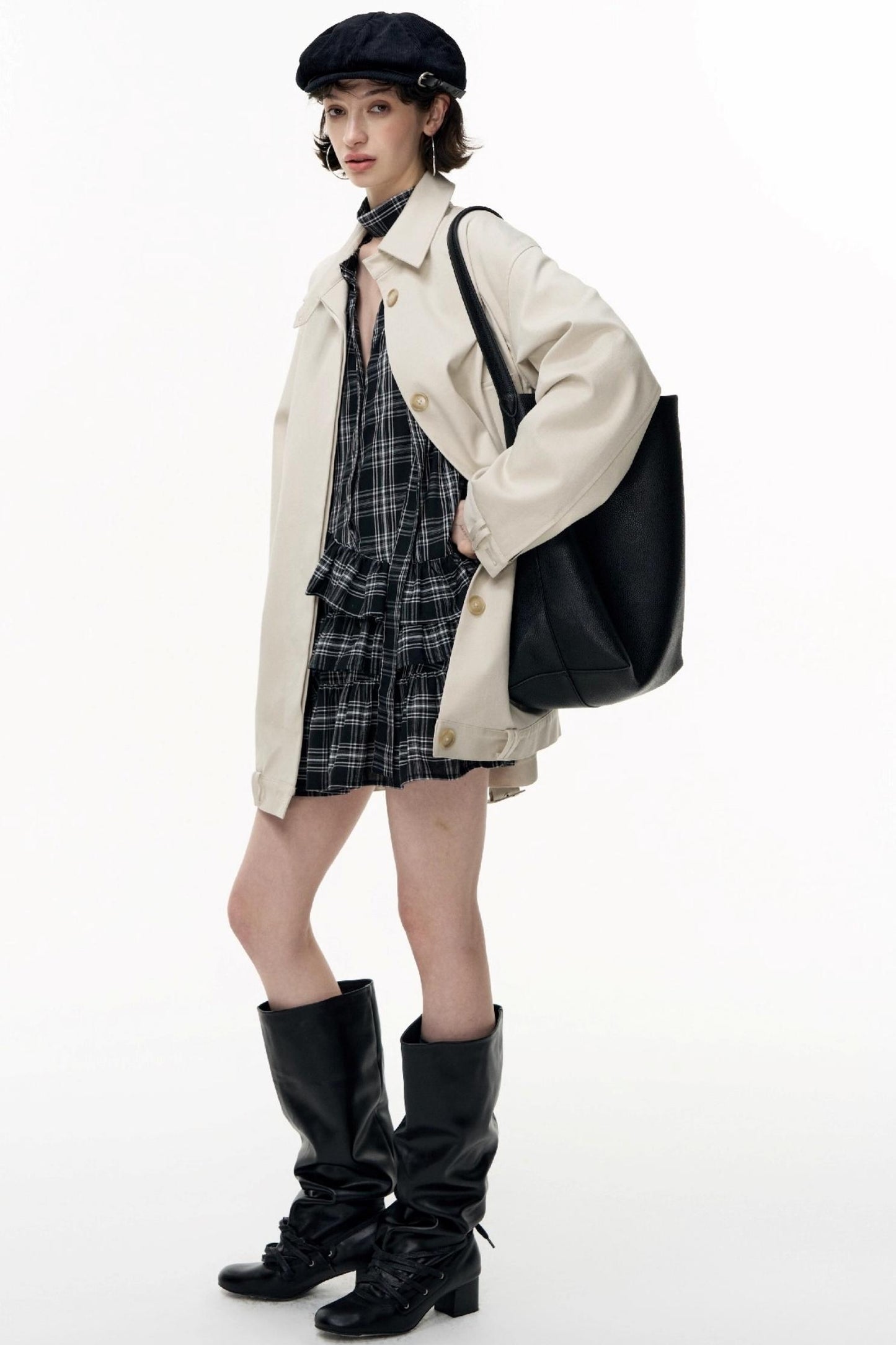 Plaid Ruffle Long Sleeve Shirt Dress