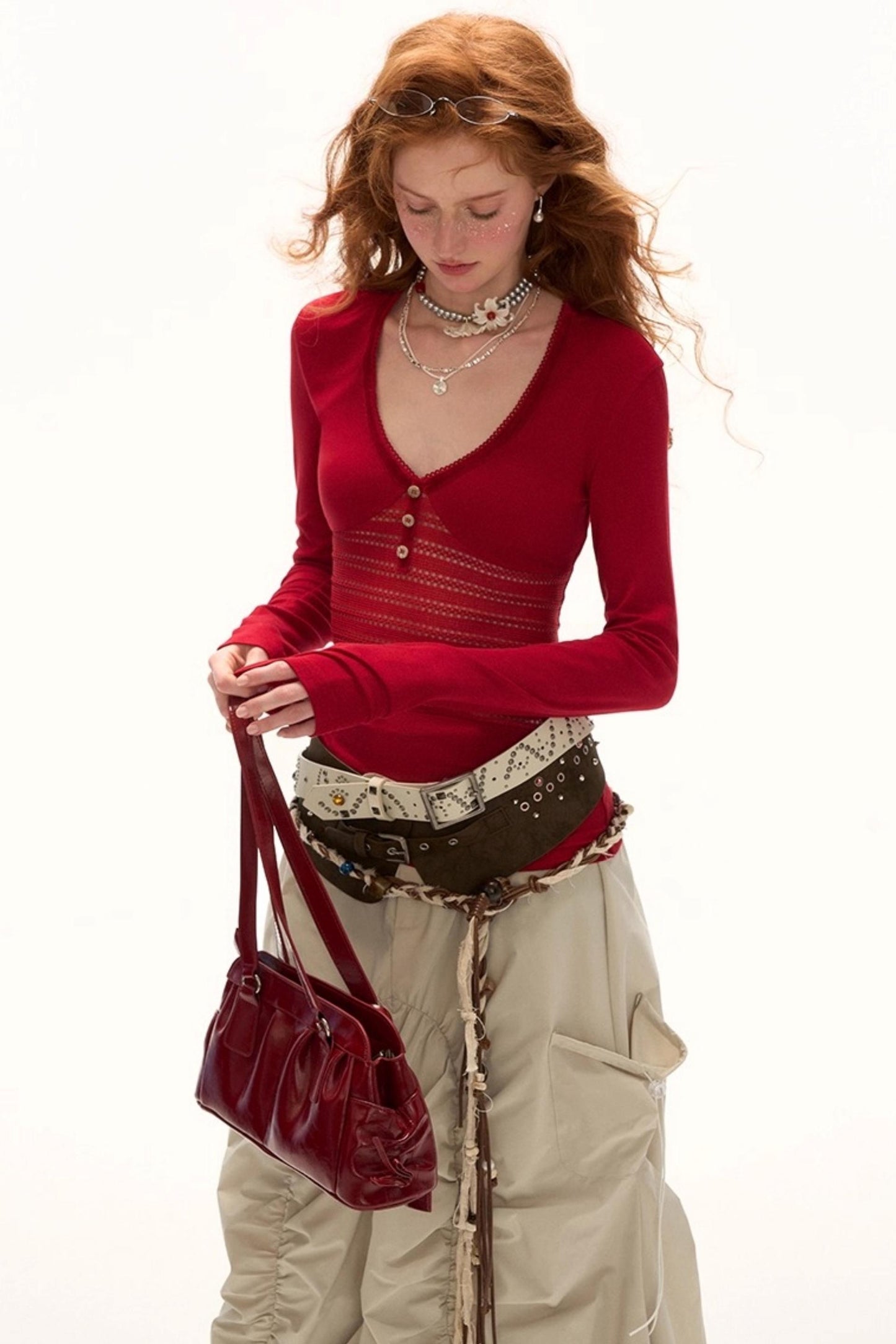 Patchwork V-Neck Long-Sleeved T-Shirt