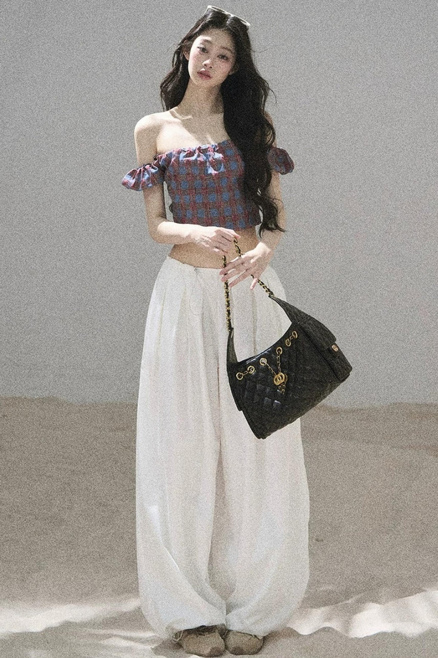 Youthful Plaid Off-Shoulder Top
