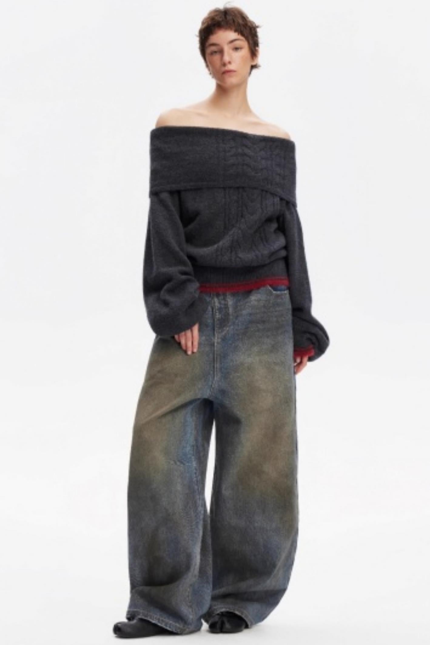 Off-Shoulder Color-Blocked Knit Sweater