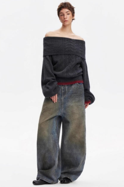 Off-Shoulder Color-Blocked Knit Sweater