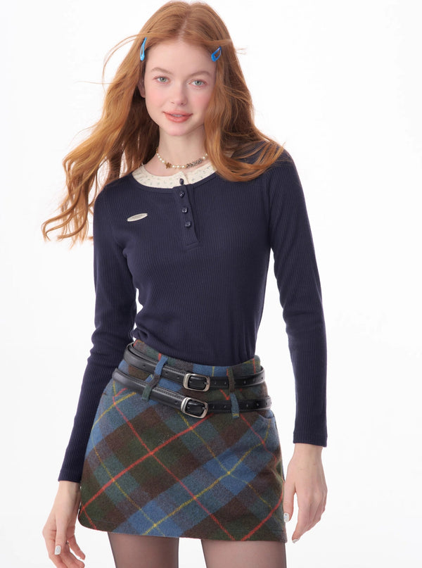 American fake two-piece long-sleeved top