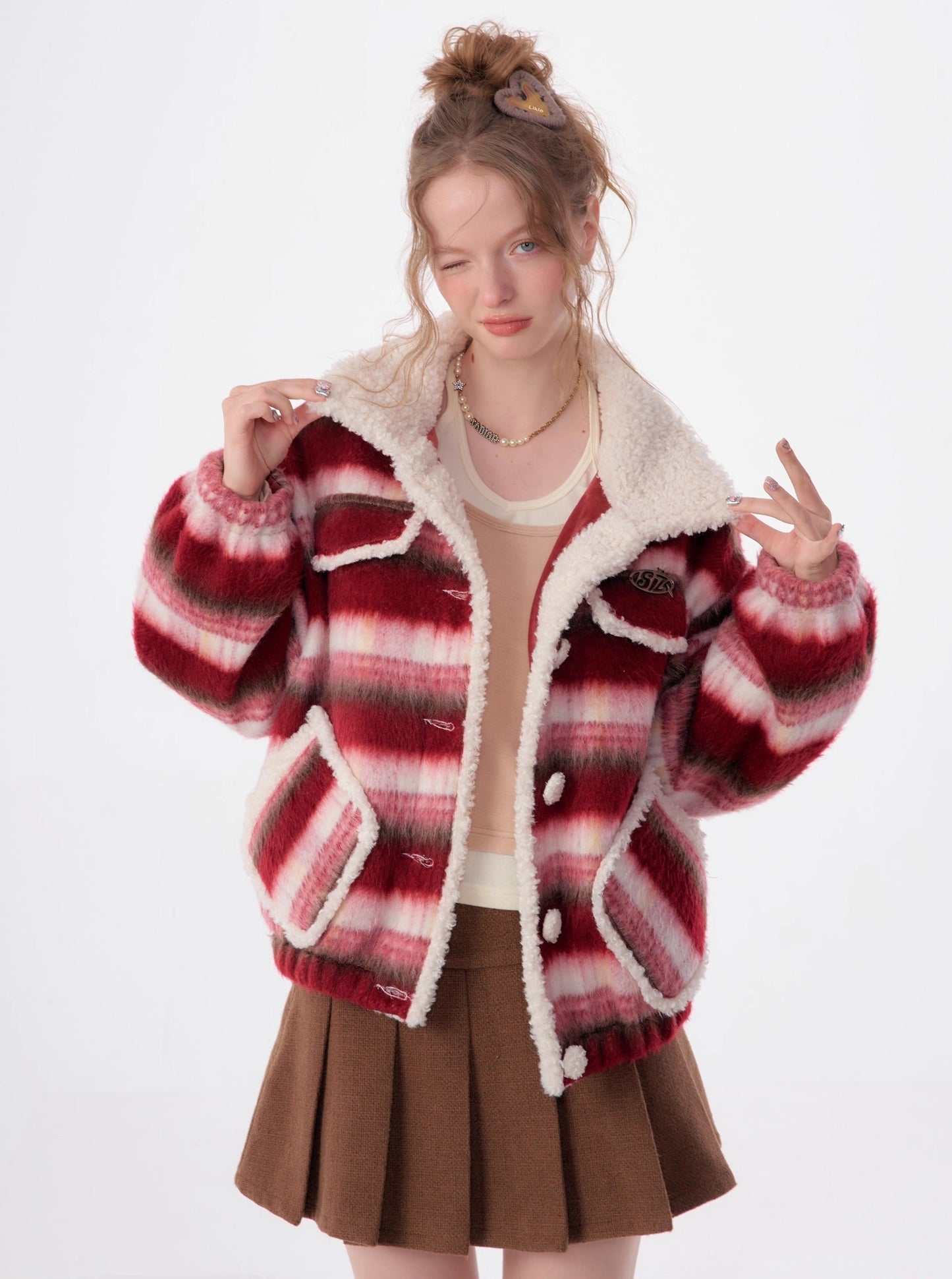 American lamb wool collar striped woolen coat