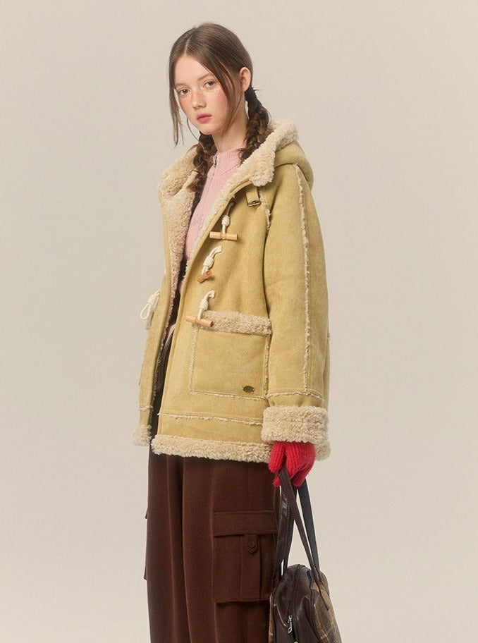 Hooded Horn Buckle Fur Jacket