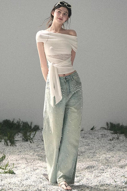 Pantalon en jean bleu clair perlé