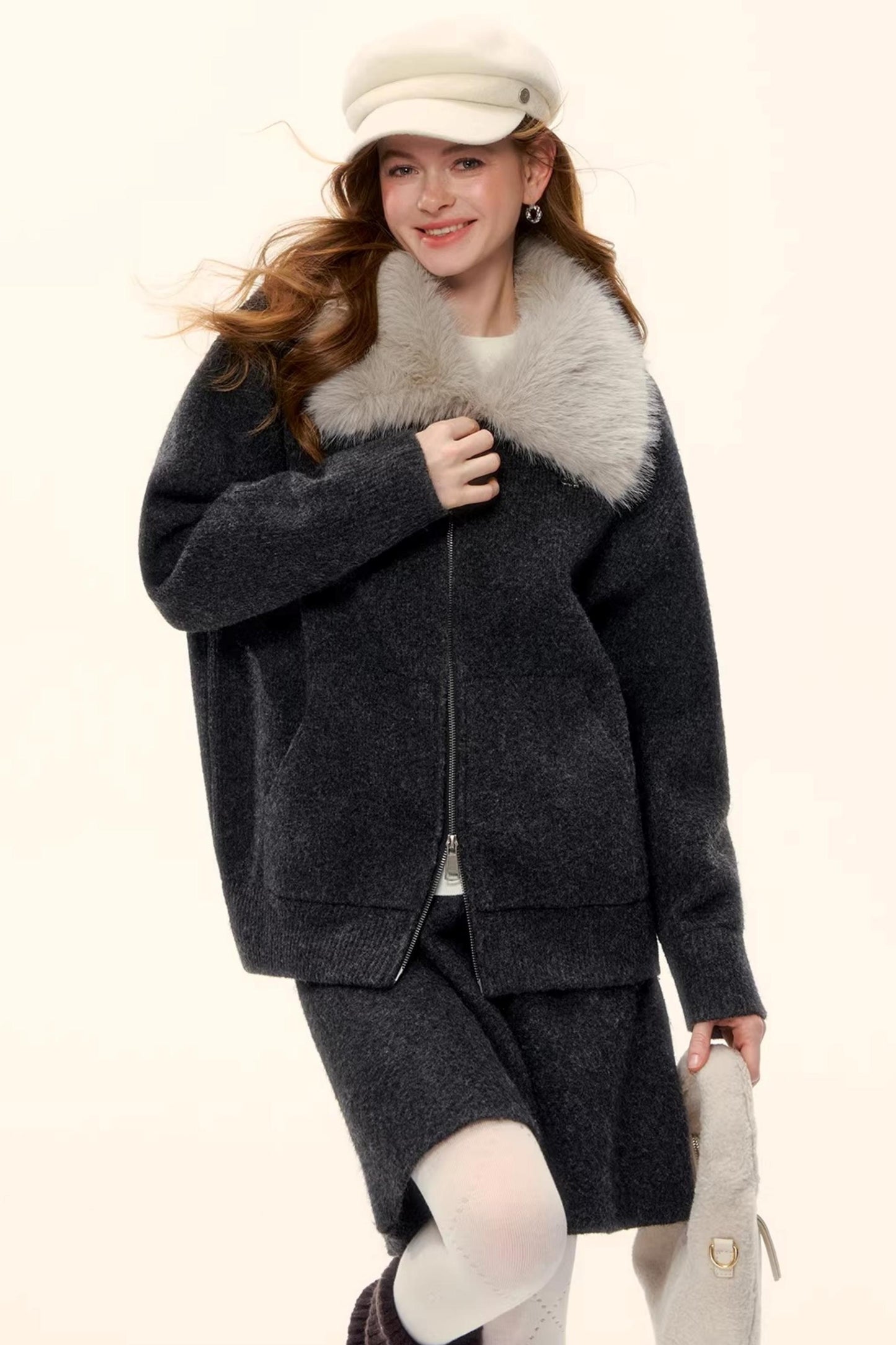 Wool Blend Lapel Fur Collar Coat Set-Up