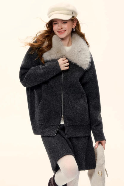 Wool Blend Lapel Fur Collar Coat Set-Up
