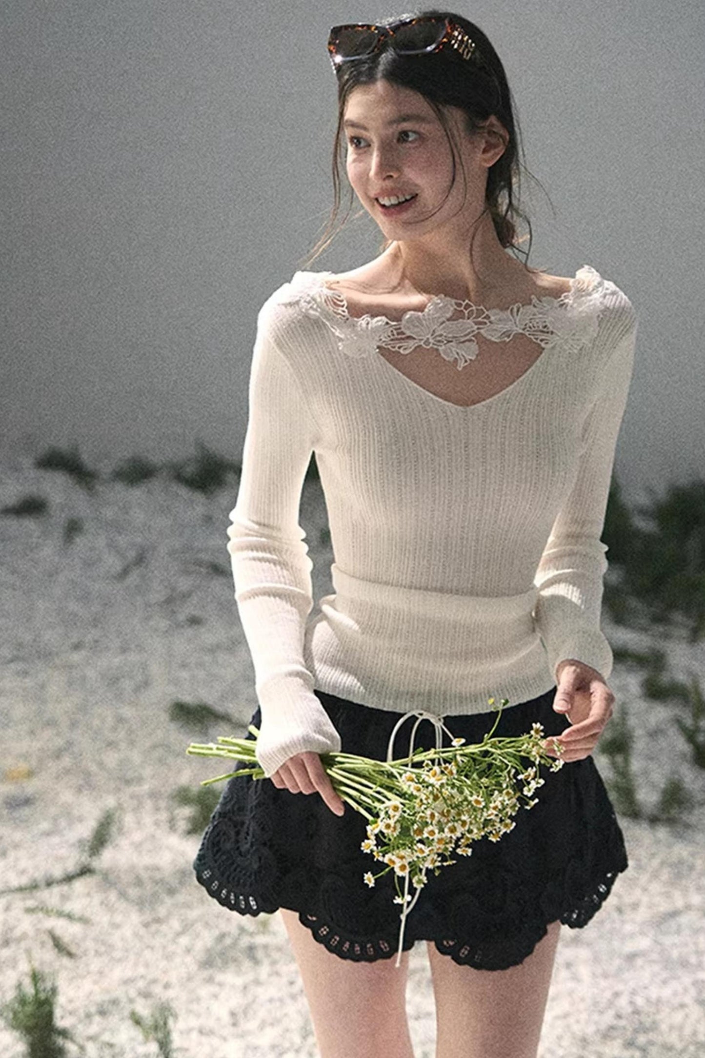 Lace-Trimmed Knitted Top